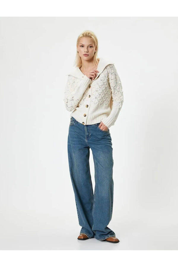 Knitted Cardigan with Lace Detail, Long Sleeves, Stand Collar and Buttons - 2