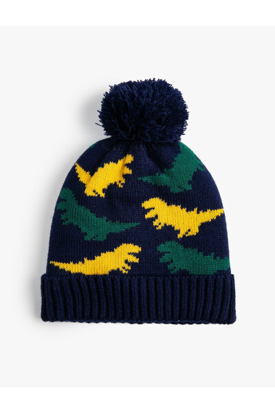 Knitted dinosaur patterned beanie with pompom detail - 4