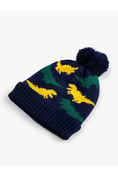 Knitted dinosaur patterned beanie with pompom detail - 5