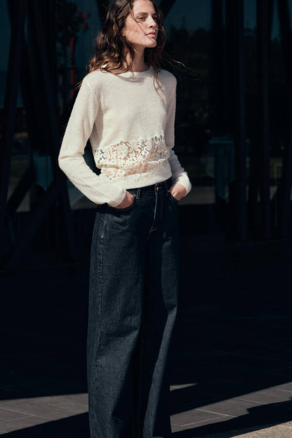 Knitted sweater with lace detail (Ecru) - 4