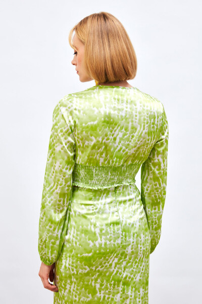 Knot Detail Patterned Blouse - OLIVE GREEN - 5