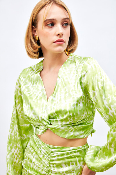 Knot Detail Patterned Blouse - OLIVE GREEN - 9