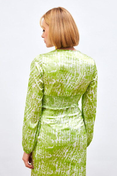 Knot Detail Patterned Blouse - OLIVE GREEN - 10