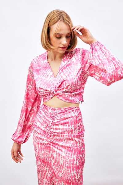 Knot Detail Patterned Blouse - PINK - 3