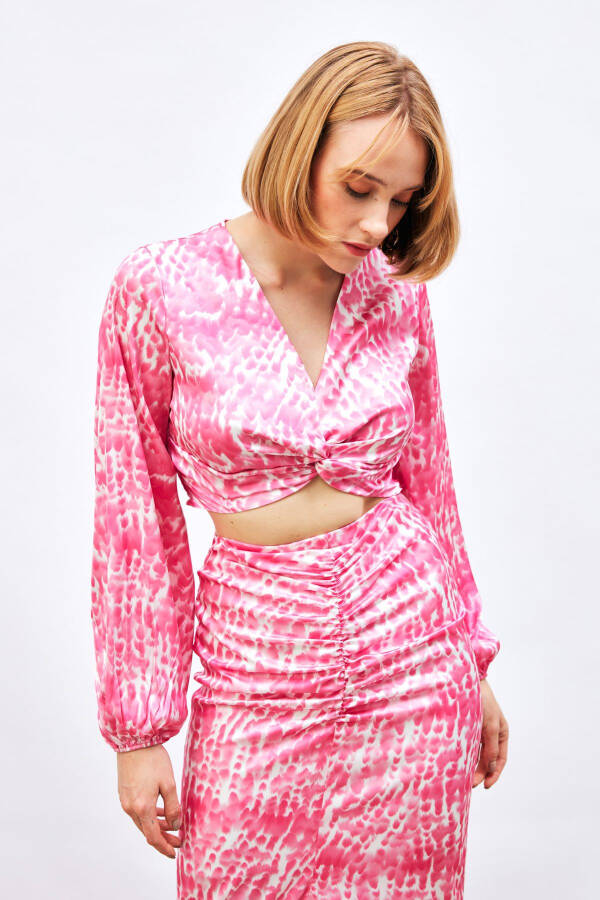 Knot Detail Patterned Blouse - PINK - 4