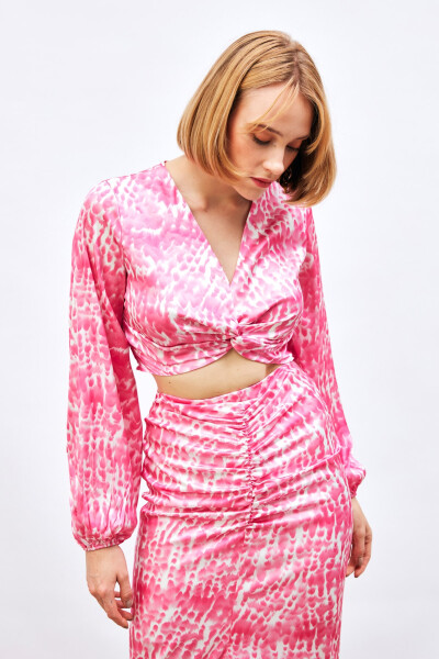 Knot Detail Patterned Blouse - PINK - 10