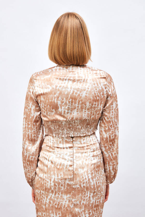 Knot Detailed Patterned Blouse - BROWN - 5