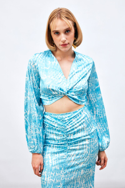 Knot Detailed Patterned Blouse - TURQUOISE - 2