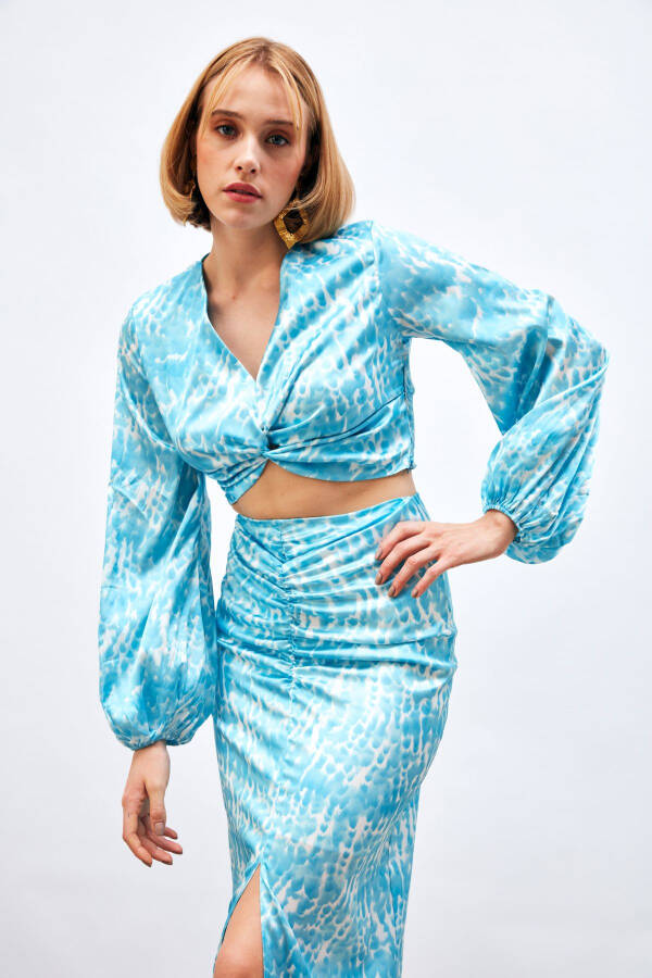 Knot Detailed Patterned Blouse - TURQUOISE - 6