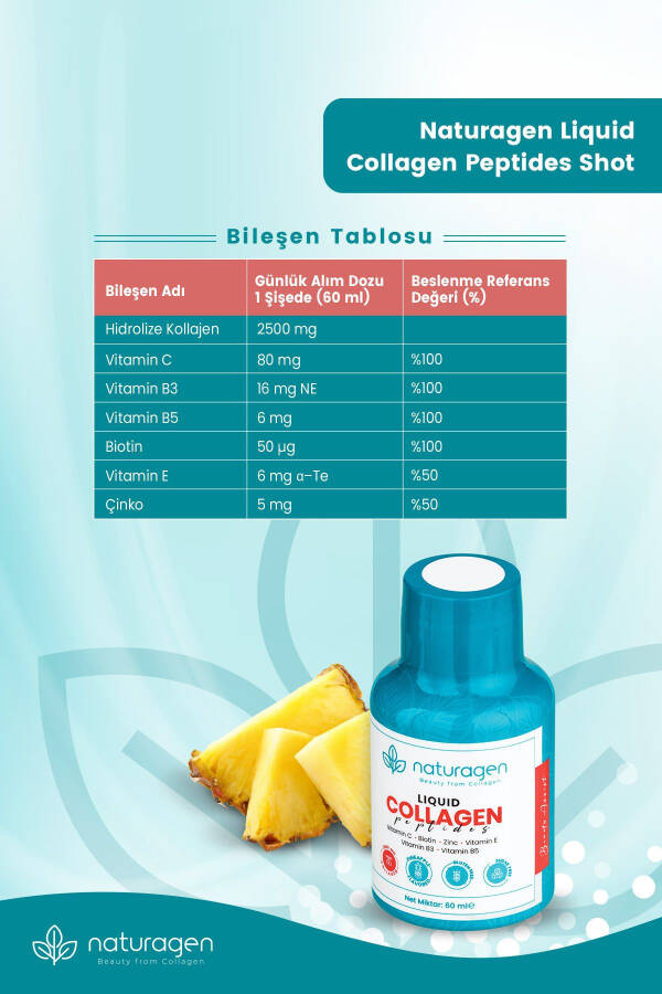 Kolajen Ananas Aromalı Likit Collagen Shot 60 ml X12 Adet Şişe Tip 1 & Tip 3 Hidrolize Sıvı Collagen - 7