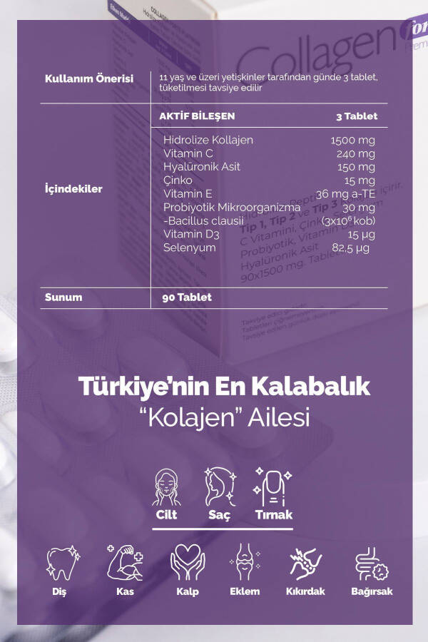 Kolajen, Probiyotik & Multivitamin 1500mg X 90 Tablet - 4