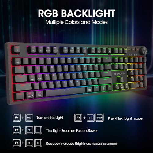 KOORUI Kablosuz Oyun Klavyesi, 26 RGB Arka Aydınlatmalı Tam Boy Mekanik Klavye, USB-C/2.4G/Bluetooth Bağlantısını Destekler, 104 Tuş Şarj Edilebilir 1900mAh Pil Oyuncu Klavyesi Windows MacOS Linux İçin - 2