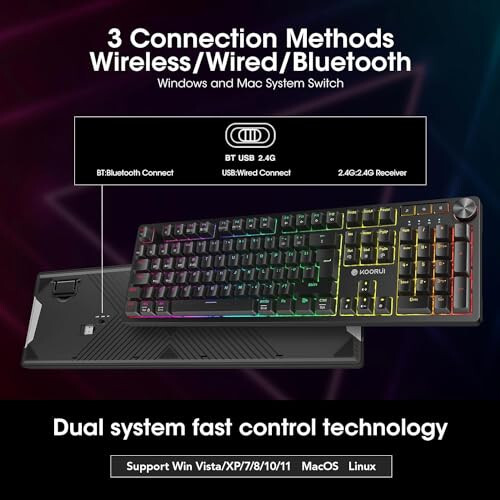 KOORUI Wireless Gaming Keyboards, 26 RGB Backlit Full Size Mechanical Keyboard, Support USB-C/2.4G/Bluetooth Connection, 104 Keys Rechargeable 1900mAh Battery Gamer Keyboards for Windows MacOS Linux - 5