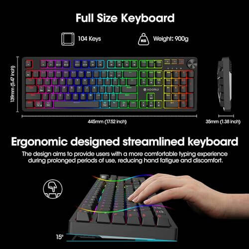 KOORUI Wireless Gaming Keyboards, 26 RGB Backlit Full Size Mechanical Keyboard, Support USB-C/2.4G/Bluetooth Connection, 104 Keys Rechargeable 1900mAh Battery Gamer Keyboards for Windows MacOS Linux - 6