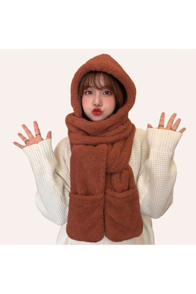 Korean Style Plush Hooded Hat Beanie Winter Pocket Earflap Welsoft Scarf Neck Warmer - 2