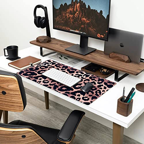 Коврик для мыши для игр Leopard Rose Black Large Gaming Mouse Pad Gold Pink Marble Mousepad для женщин Компьютерный офисный коврик для клавиатуры Ноутбук Большой коврик для мыши Милый декор для стола 31.5x15.7 дюймов с нескользящим прошитым краем - 3