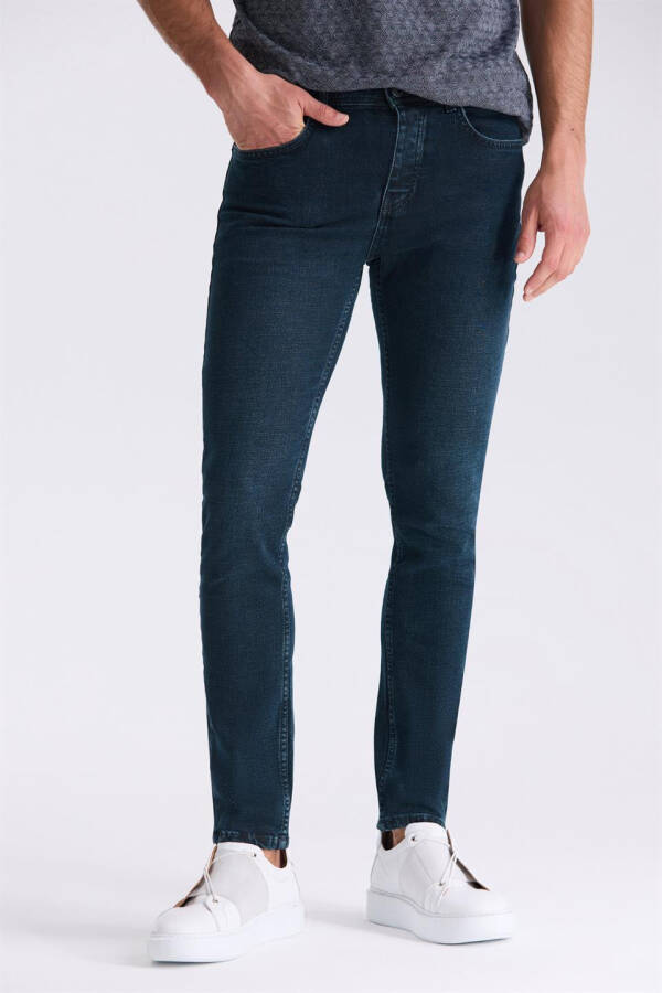 Koyu Lacivert Slim fit Likralı Pamuklu Yıkamalı Jean Kot Pantolon - 1