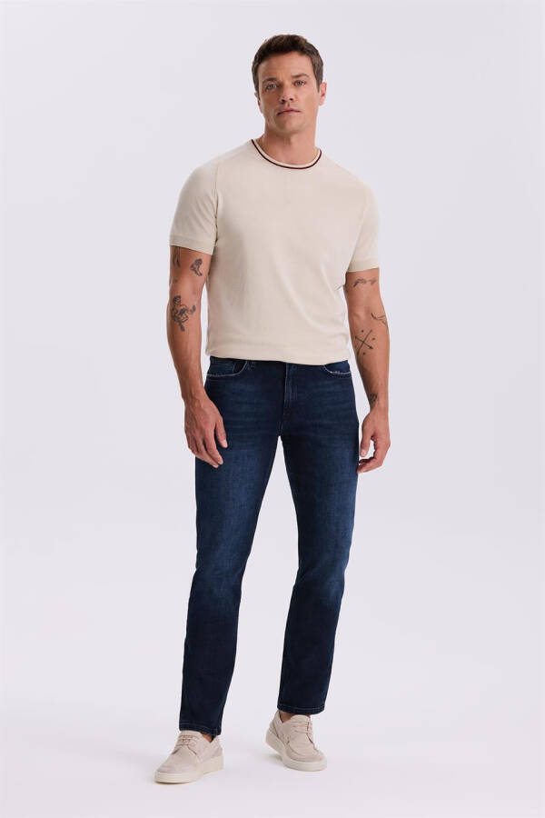 Koyu Lacivert Slim Fit Yıkamalı Dar Kesim Pamuklu Jean Kot Pantolon - 6