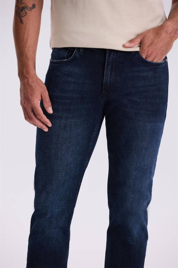 Koyu Lacivert Slim Fit Yıkamalı Dar Kesim Pamuklu Jean Kot Pantolon - 7