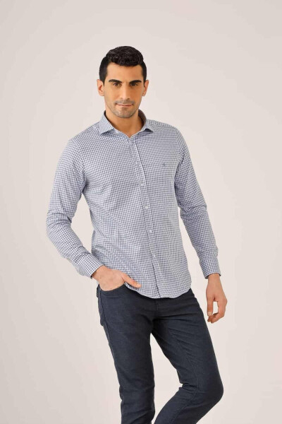 Koyu Mavi Erkek Slim Fit Ekose Desenli Yarım Italyan Yaka Uzun Kol Gömlek - 90004 - 11