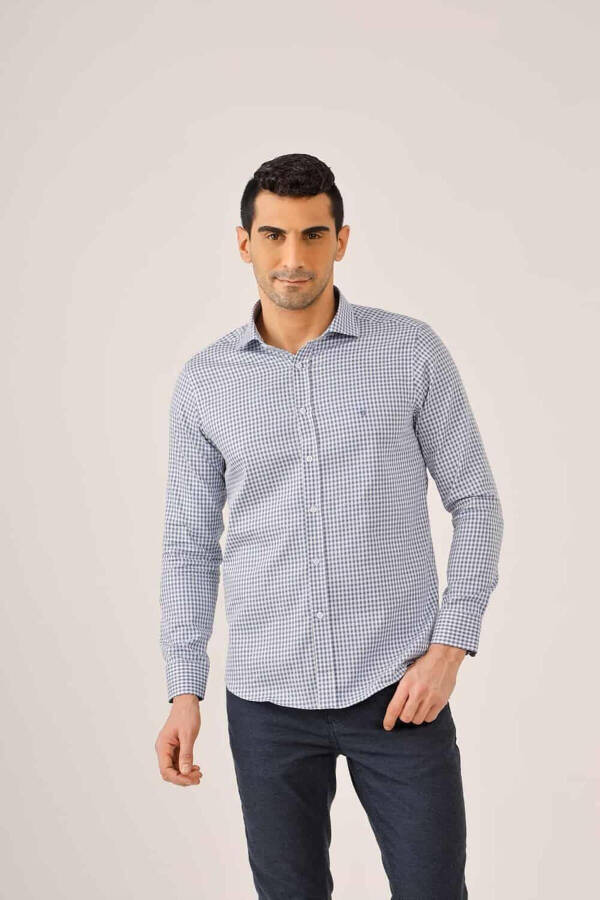 Koyu Mavi Erkek Slim Fit Ekose Desenli Yarım Italyan Yaka Uzun Kol Gömlek - 90004 - 12