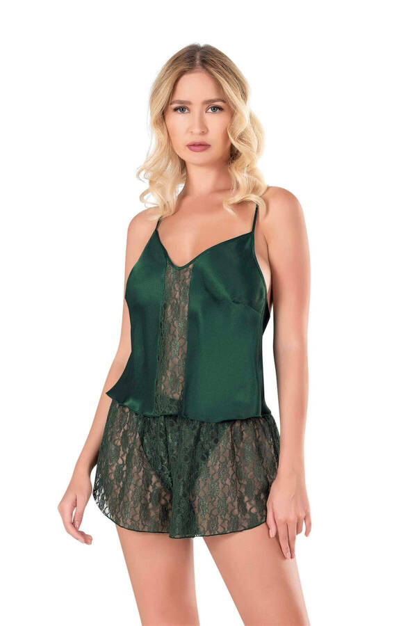 Koyu Yeşil Saten Babydoll Şort Takımı - 1