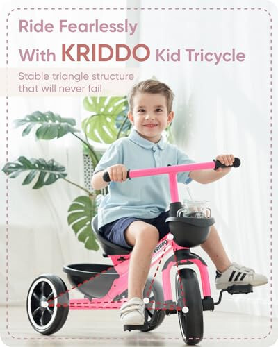 KRIDDO Tricycle for 2-5 Year Olds - Pink Toddler Trike With Gift for 24 Month to 4 Year Old Girls - 21