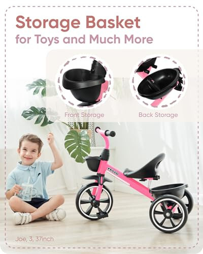 KRIDDO Tricycle for 2-5 Year Olds - Pink Toddler Trike With Gift for 24 Month to 4 Year Old Girls - 23