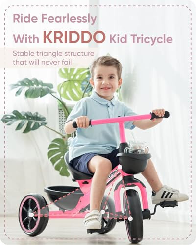 KRIDDO Tricycle for 2-5 Year Olds - Pink Toddler Trike With Gift for 24 Month to 4 Year Old Girls - 15