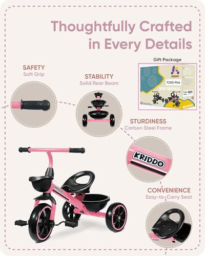 KRIDDO Tricycle for 2-5 Year Olds - Pink Toddler Trike With Gift for 24 Month to 4 Year Old Girls - 18