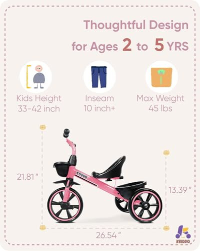 KRIDDO Tricycle for 2-5 Year Olds - Pink Toddler Trike With Gift for 24 Month to 4 Year Old Girls - 10