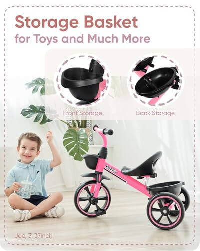 KRIDDO Tricycle for 2-5 Year Olds - Pink Toddler Trike With Gift for 24 Month to 4 Year Old Girls - 11