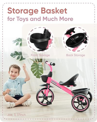 KRIDDO Tricycle for 2-5 Year Olds - Pink Toddler Trike With Gift for 24 Month to 4 Year Old Girls - 5