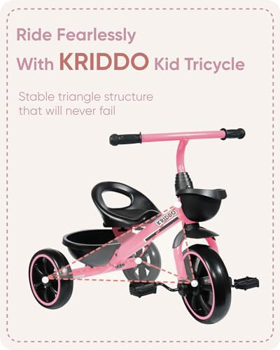 KRIDDO Tricycle for 2-5 Year Olds - Pink Toddler Trike With Gift for 24 Month to 4 Year Old Girls - 7