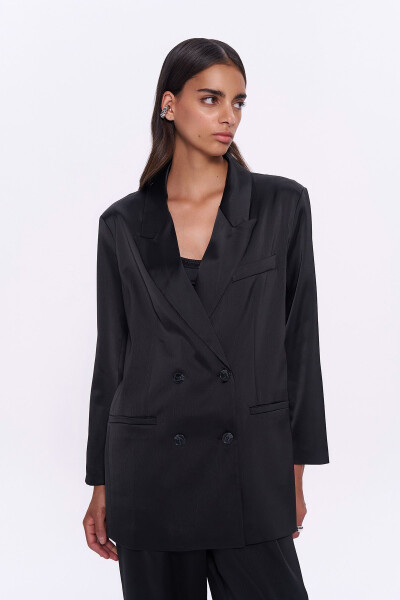 Kruvaze Saten Oversize Blazer Ceket Siyah - 4