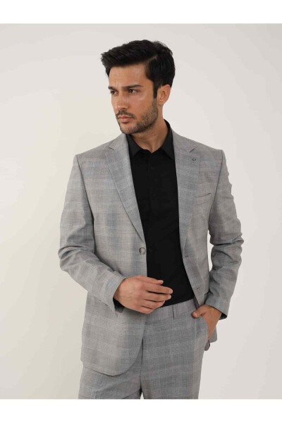 Kulrang Erkaklar Slim Fit Kletkali Yengil Yaka Kostyum - 95012 - 5