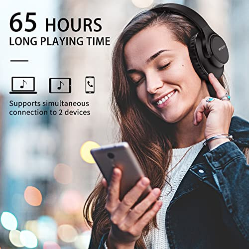 KVIDIO [Updated Bluetooth Headphones Over Ear, 65 Hours Playtime Wireless Headphones with Microphone,Foldable Lightweight Headset with Deep Bass,HiFi Stereo Sound for Travel Work Cellphone] - 2