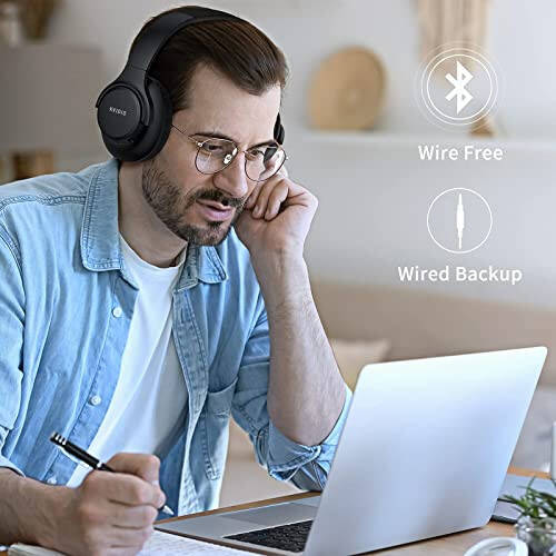 KVIDIO [Updated Bluetooth Headphones Over Ear, 65 Hours Playtime Wireless Headphones with Microphone,Foldable Lightweight Headset with Deep Bass,HiFi Stereo Sound for Travel Work Cellphone] - 4