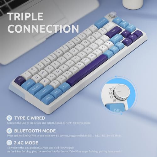 KZZI Hot Swappable Custom RGB Backlit Mechanical Keyboard, BT/2.4G/USB-C Multi-Device Bluetooth Wireless Keyboard,Portable Easy-Switch for Windows, macOS, iPadOS, Android (Blue) - 11