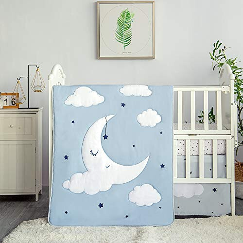 La Premura Sleeping Moon Baby Nursery Crib Bedding Set, 3 Piece Standard Size Crib Bedding Set, Blue and Grey - 31