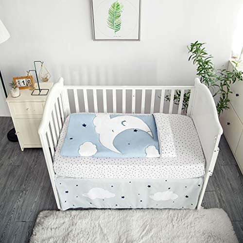 La Premura Sleeping Moon Baby Nursery Crib Bedding Set, 3 Piece Standard Size Crib Bedding Set, Blue and Grey - 32