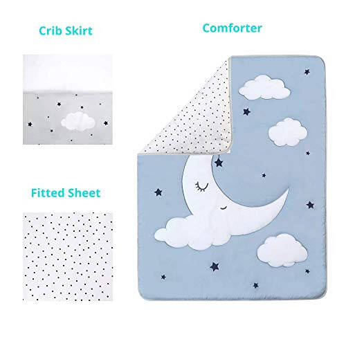 La Premura Sleeping Moon Baby Nursery Crib Bedding Set, 3 Piece Standard Size Crib Bedding Set, Blue and Grey - 33