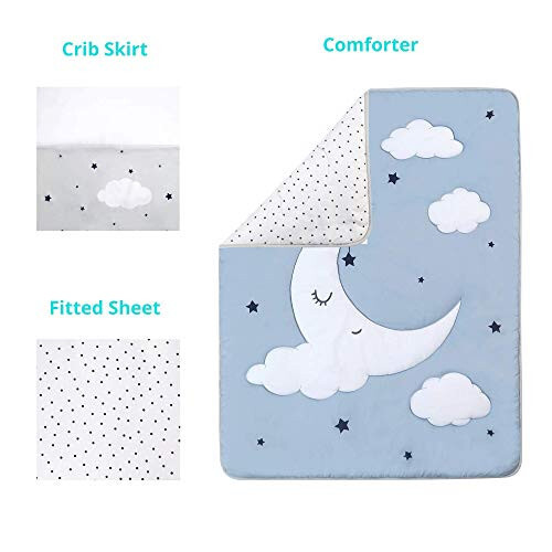 La Premura Sleeping Moon Baby Nursery Crib Bedding Set, 3 Piece Standard Size Crib Bedding Set, Blue and Grey - 27