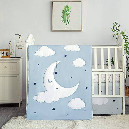 La Premura Sleeping Moon Baby Nursery Crib Bedding Set, 3 Piece Standard Size Crib Bedding Set, Blue and Grey - 19