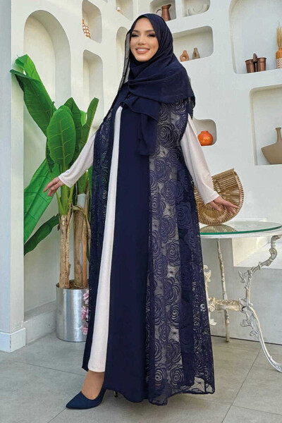 Lace Abaya 7884 Navy Blue - 3