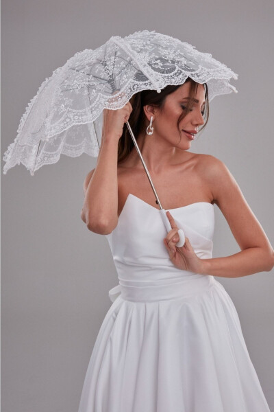 Lace Detailed Bridal Umbrella, Off-White Lace Bridal Umbrella - 4