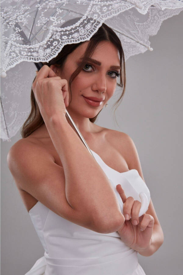 Lace Detailed Bridal Umbrella, Off-White Lace Bridal Umbrella - 5