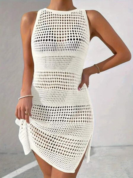 Lace-up knit pareo, deep back neckline and sleeveless. - 2