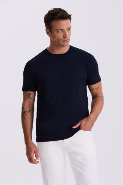 Lacivert %100 Pamuk Slim Fit Bisiklet Yaka Basic T-Shirt - 1