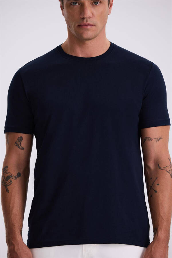 Lacivert %100 Pamuk Slim Fit Bisiklet Yaka Basic T-Shirt - 3